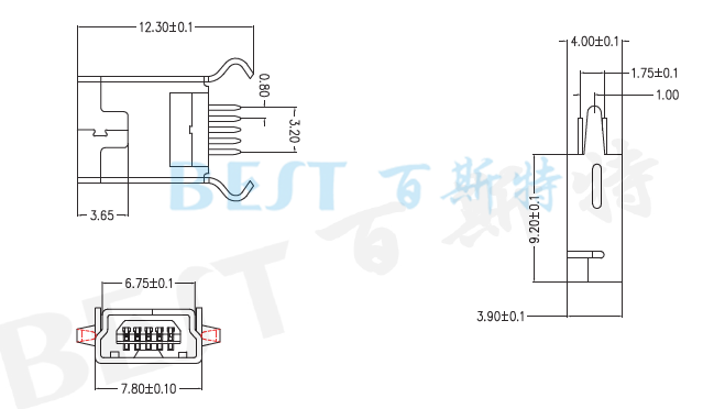  USB插座USB-4T-05参考图纸